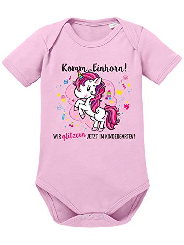 clothinx Baby Body Bio Kindergartenstart Komm, Einhorn! Wir glitzern jetzt im Kindergarten! Hellrosa/Pink Größe 74-80 von clothinx