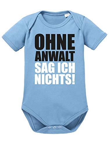clothinx Baby Body Bio mit Spruch Ohne Anwalt sag ich Nichts Himmelblau/SchwarzWeiß Größe 50-56 von clothinx