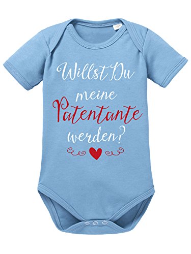 clothinx Baby Body Unisex Willst du Meine Patentante Werden? | Schönes Geschenk für die Taufpatin | Qualitativ Hochwertig Bedruckt | 100% Bio-Baumwoll Baby-Body Bio Weiß auf Himmelblau Gr. 74-80 von clothinx