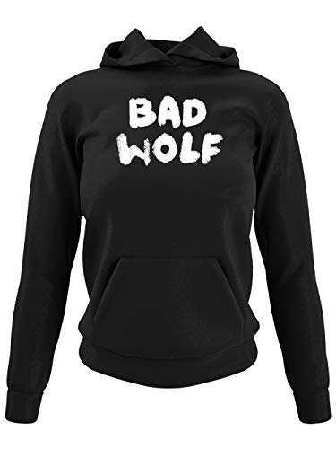 clothinx Bad Wolf | Serien und Zeitreise Text-Design Für Rose | Perfekt Für jeden Begleiter und alle Fans des Doktors Damen Kapuzen-Pullover Schwarz Gr. L von clothinx
