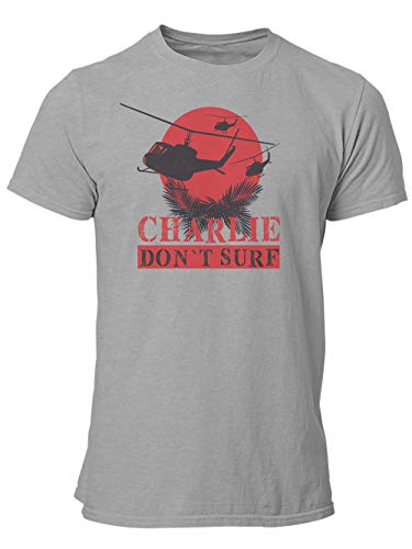 clothinx Charlie Don't Surf | 70er Retro Design in Vintage-Optik | Vietnam Helikopter Chopper mit Sonnenuntergang Herren T-Shirt Grau Gr. S von clothinx