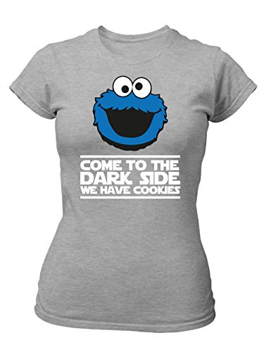 clothinx Come to The Dark Side - We Have Cookies - Lustiges Keks-Monster Motiv Damen T-Shirt Fit Grau Gr. M von clothinx