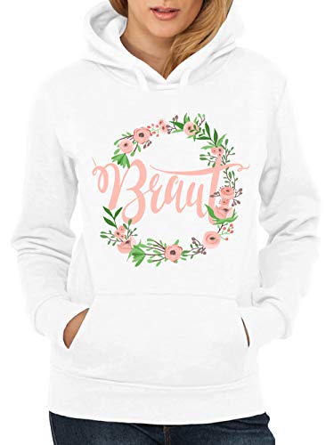 clothinx Damen Kapuzenpullover Braut mit Blumenkranz Kombi JGA Junggesellenabschied Weiß/Braut Größe XL von clothinx