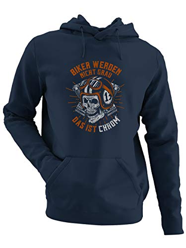 clothinx EIN Biker Wird Nicht Grau Das Ist Chrom - Statement Biker Motiv für Motoradfahrende Freigeister und Freiheits-liebende Motorrad-Freunde Herren Kapuzen-Pullover Navy Gr. L von clothinx