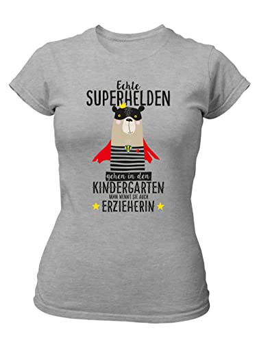 clothinx Erzieherin T-Shirt Frauen - Echte Superhelden gehen in den Kindergarten Man nennt sie auch Erzieherin Grau/Schwarzer Aufdruck Größe L von clothinx