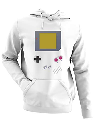 clothinx Handheld Konsole im Vintage 90er Jahre Retro Print | Gamer | Nerd | Geek | Computer Freak | LAN-Party | Herren Kapuzen-Pullover Weiß Gr. S von clothinx