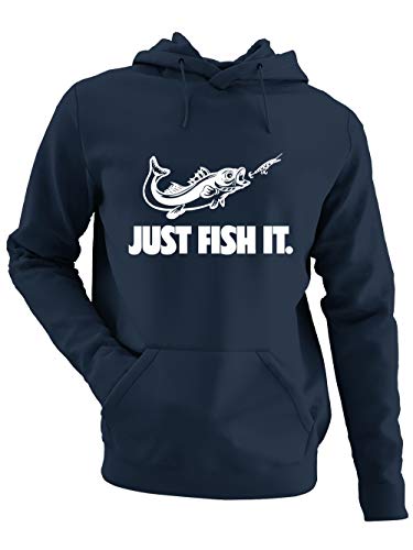 clothinx Herren Kapuzen-Pullover Angler Sprüche Just Fish it Navy/Weiß Größe M von clothinx