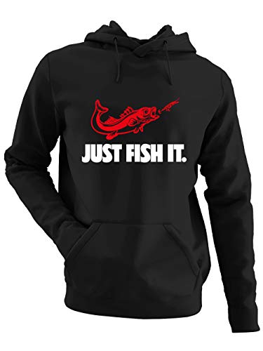 clothinx Herren Kapuzen-Pullover Angler Sprüche Just Fish it Schwarz/Weiß/Rot Größe S von clothinx