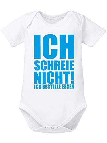 clothinx Ich schreie nicht ich bestelle Essen Baby Body mit Spruch, Bio Baumwolle, Weiß/Blau Größe 50-56 von clothinx