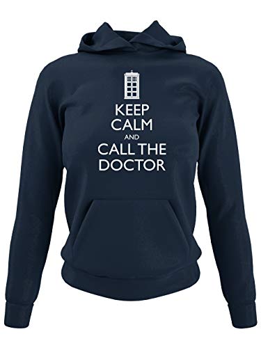 clothinx Keep Calm and Call The Doctor | Serien Zeitreise Text-Design Mit Notruf-Zelle | Perfekt Für Begleiter und Fans des Doktors Damen Kapuzen-Pullover Navy Gr. M von clothinx