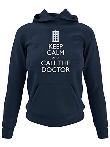 clothinx Keep Calm and Call The Doctor | Serien Zeitreise Text-Design Mit Notruf-Zelle | Perfekt Für Begleiter und Fans des Doktors Damen Kapuzen-Pullover Navy Gr. M von clothinx