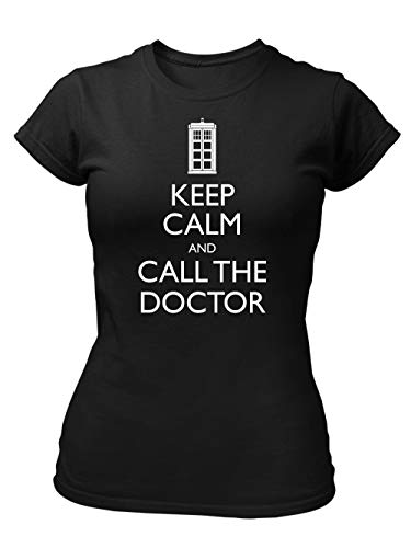 clothinx Keep Calm and Call The Doctor | Serien Zeitreise Text-Design Mit Notruf-Zelle | Perfekt Für Begleiter und Fans des Doktors Damen T-Shirt Fit Schwarz Gr. XL von clothinx