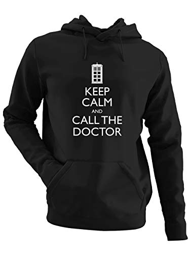 clothinx Keep Calm and Call The Doctor | Serien Zeitreise Text-Design Mit Notruf-Zelle | Perfekt Für Begleiter und Fans des Doktors Herren Kapuzen-Pullover Schwarz Gr. L von clothinx