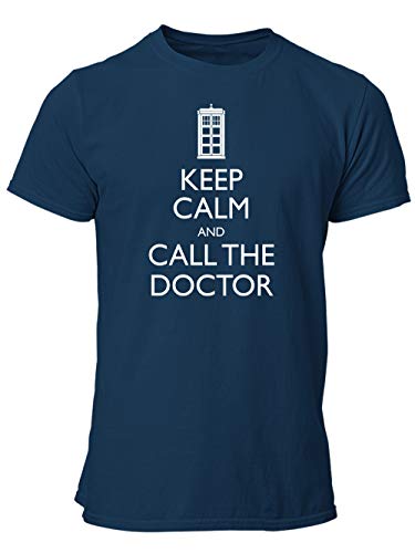 clothinx Keep Calm and Call The Doctor | Serien Zeitreise Text-Design Mit Notruf-Zelle | Perfekt Für Begleiter und Fans des Doktors Herren T-Shirt Navy Gr. L von clothinx