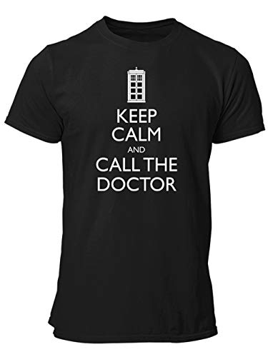 clothinx Keep Calm and Call The Doctor | Serien Zeitreise Text-Design Mit Notruf-Zelle | Perfekt Für Begleiter und Fans des Doktors Herren T-Shirt Schwarz Gr. XL von clothinx