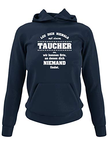 clothinx Leg Dich Niemals Mit Einem Taucher An | Tauchsport Design Für Hobby und Profitaucher | Ergänze Deine Tauch-Ausrüstung Mit diesem lustigen Spruch Damen Kapuzen-Pullover Navy Gr. XL von clothinx