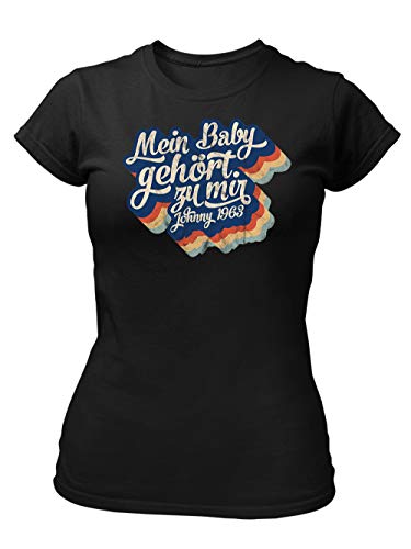 clothinx Mein Baby Gehört zu Mir | Kult Film Motiv der 80er Jahre | Frances und Johnny Tanzwettbewerb | Liebevoll gestaltetes Disco Fever Design Damen T-Shirt Fit Schwarz Gr. M von clothinx