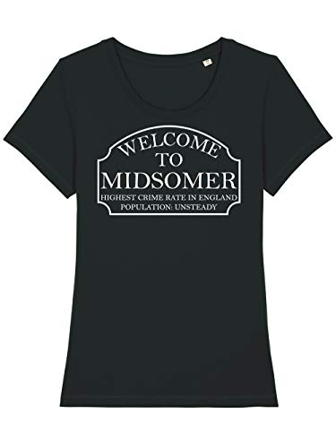 clothinx Midsomer Inspector - Welcome to Midsomer - Highest Crime Rate in England - Population Unsteady - The Home of Inspector Barnaby Damen T-Shirt Fit Bio und Fair Schwarz Gr. L von clothinx