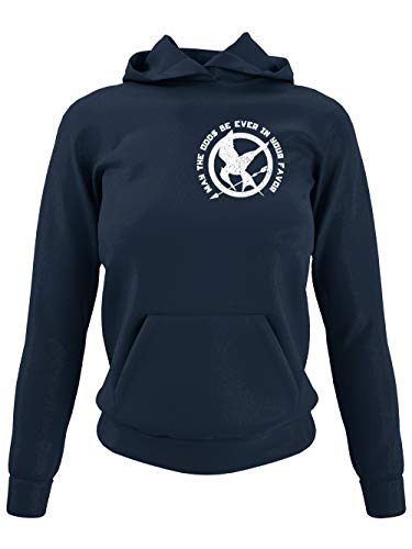 clothinx Spotttölpel May The Odds Be Ever In Your Favor | Vogel Design in Vintage-Optik für Leseratten und Filmfans Damen Kapuzen-Pullover Navy Gr. XL von clothinx