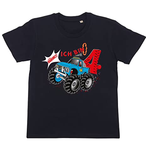 clothinx T-Shirts Kindergeburtstag 4 Jahre Monstertruck Fan Junge oder Mädchen - Monster - Truck - Geburtstag - Geburtsjahr - Alter - Geburtstagskind - Autos - Sprüche – Mitgebsel Schwarz 110-116 von clothinx