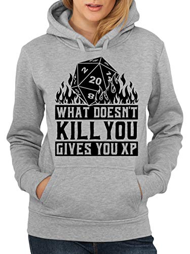 clothinx What Doesn't Kill You Gives You EXP Rollenspiel Pen and Paper Damen Kapuzenpullover Grau Gr. S von clothinx