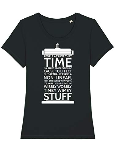 clothinx Wibbly Wobbly Timey Wimey Stuff | Time Stuff Serien Zeitreise Text-Design in Form Einer Notruf-Zelle | Perfekt Für Begleiter und Fans des Doktors Damen T-Shirt Fit Bio und Fair Schwarz Gr. L von clothinx
