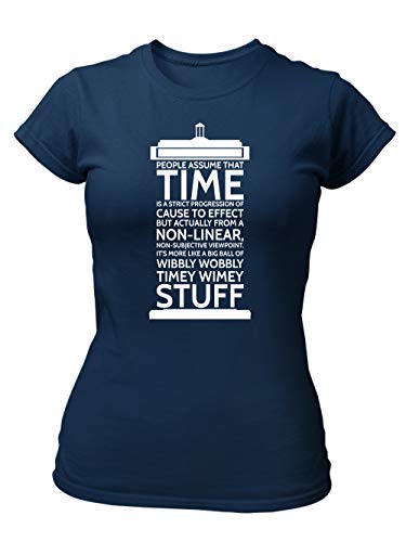 clothinx Wibbly Wobbly Timey Wimey Stuff | Time Stuff Serien Zeitreise Text-Design in Form Einer Notruf-Zelle | Perfekt Für Begleiter und Fans des Doktors Damen T-Shirt Fit Navy Gr. L von clothinx