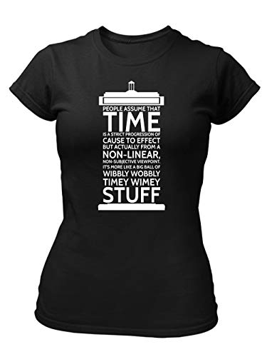 clothinx Wibbly Wobbly Timey Wimey Stuff | Time Stuff Serien Zeitreise Text-Design in Form Einer Notruf-Zelle | Perfekt Für Begleiter und Fans des Doktors Damen T-Shirt Fit Schwarz Gr. XXL von clothinx