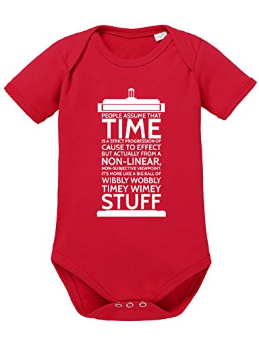 clothinx Wibbly Wobbly Timey Wimey Stuff | Time Stuff Serien Zeitreise Text-Design in Form einer Notruf-Zelle | Perfekt Für Begleiter und Fans des Doktors Baby-Body Bio Rot Gr. 74-80 von clothinx