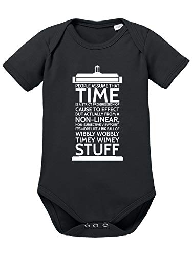 clothinx Wibbly Wobbly Timey Wimey Stuff | Time Stuff Serien Zeitreise Text-Design in Form einer Notruf-Zelle | Perfekt Für Begleiter und Fans des Doktors Baby-Body Bio Schwarz Gr. 68 von clothinx