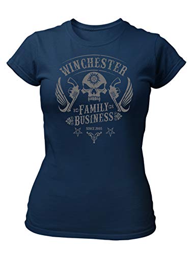 clothinx Winchester Family Business Skull Patch Design | Join The Hunt als Dämonenjäger im klassischen Biker Style Damen T-Shirt Fit Navy Gr. L von clothinx
