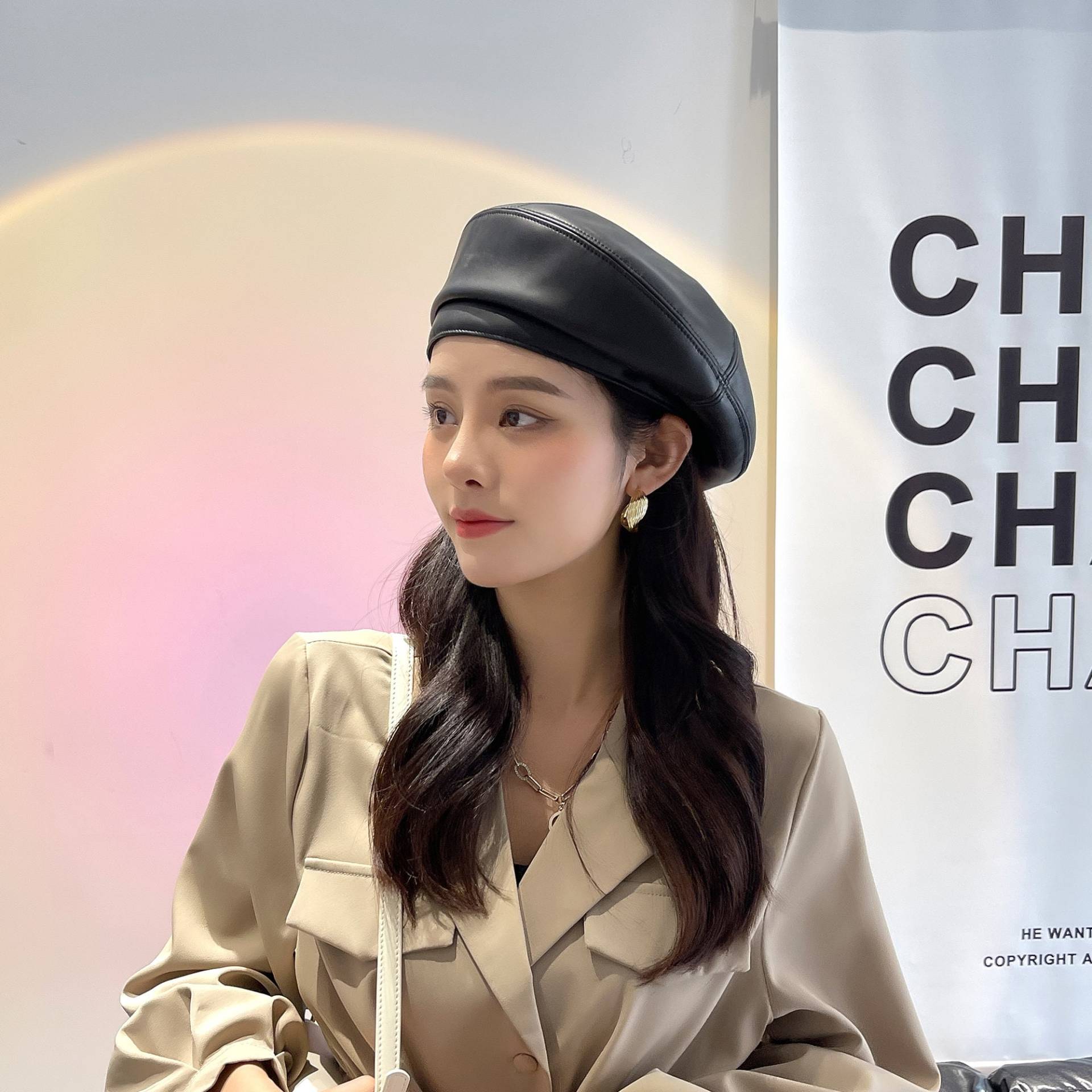 Frauen Mode Baskenmütze Solide Mütze Echt Leder Französisch Künstler Warme Beanie Hut Weibliche Damen von clothship