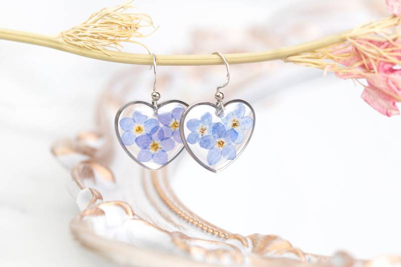 Etwas Blaues. Echte Gepresste Vergissmeinnicht Herz Ohrringe. Sterling Silber. Hochzeitsaccessoire Oder Gastgeschenk. Braut Brautjungfern Schmuck von cloudsofblossom