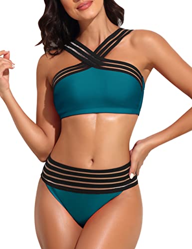 coastal rose Damen Push Up Bikini Badeanzüge Zweiteiler Hohe Taille Badeanzüge Vorne Crossover Bademode, emailliert blau, 38-40 von coastal rose