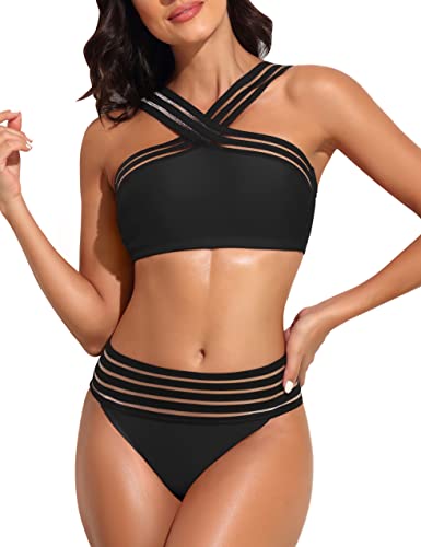 coastal rose Damen Push Up Bikini Badeanzüge Zweiteilig Hohe Taille Badeanzüge Front Crossover Bademode, Schwarz, 38-40 von coastal rose