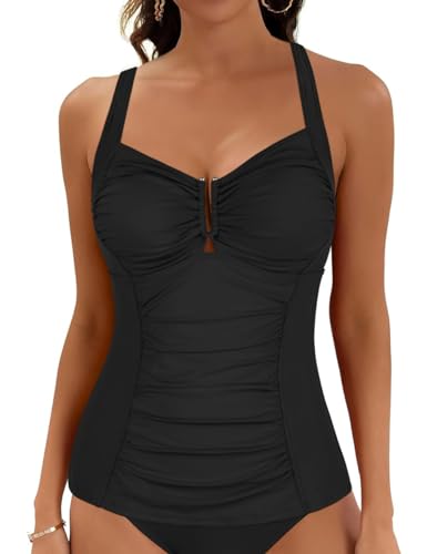 coastal rose Damen-Tankini-Oberteil, gerüscht, Bauchkontrolle, Badeanzug, Top, gekreuzter Rücken, gerafft, nur Oberteil, Schwarz, 38 von coastal rose