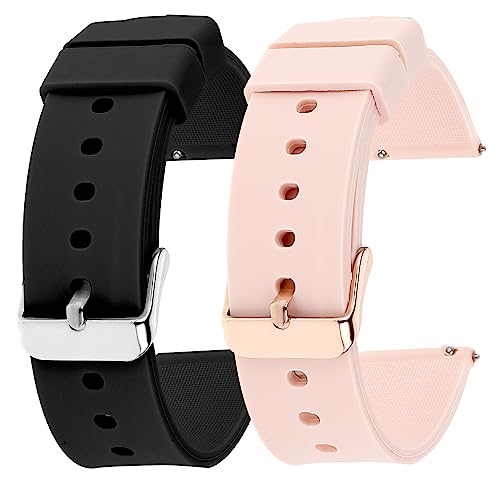 Cobee 2 Stück Silikon Uhrenarmbänder schnell lösbare wasserdichte weiche Uhrenarmbänder mit schwarzer oder silberner Edelstahlschnalle, kompatibel mit Sportuhren Armbändern (20 mm, Schwarz und Rosa) von Cobee