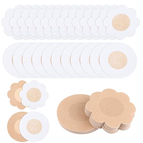 Cobee 30 Paar Nippelpads, Einweg Brustabdeckungen aus Vliesstoff Brustwarzenabdeckungen 0,2 mm ultradünn selbstklebend wasserdichte Brustwarzenpolsterung nackte Farbe (30 Stück rund + 30 Stück Blume) von Cobee
