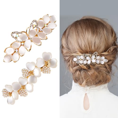 cobee Blumen Haarspangen, 2 Stück Strass Haarspangen Perlen Haarspange Vintage Hochzeits Haarnadeln mit Feder Druckknopf Clip Braut Haarschmuck Kopfbedeckungs Accessoires für Frauen von cobee