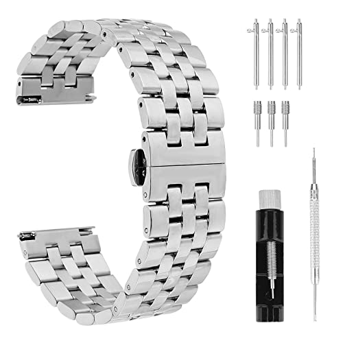Cobee Dicke Edelstahl Uhrenarmbänder, robuste, verbundene, polierte Metall Uhrenarmbänder mit Butterfly Verschluss, Schnellverschluss Armband aus massivem Stahl (22 mm, Silber) von Cobee