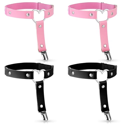 cobee Strumpfband Leder, 4 Stück Verstellbar Elastische Strumpfbänder Leder Bein Strumpfhalter Schwarz Rosa Anti Rutsch Clip Strumpfhalter Gothic Punk Oberschenkelring-Strumpfgürtel Halloween Zubehör von Cobee
