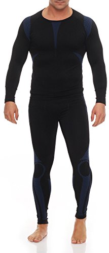 1x Set Herren-Thermounterwäsche Unterhose Unterhemd Langarm Gr. L/XL schwarz/blau Skiunterwäsche innen angeraut warm gegen Kälte weich Wintersport Termo-Unterwäsche, 1x Set Langarm Schwarz/Blau, L-XL von Cocain underwear