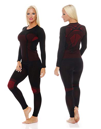 Skiunterwäsche für Damen als Hemd-Hose-Set oder 2 Hemden oder 2 Hosen auswählbar, Lang oder Kurz-Arm, funktionelle Thermowäsche seamless ohne störende Nähte, 1x Set Langarm Schwarz/Rot, S/M von Cocain underwear