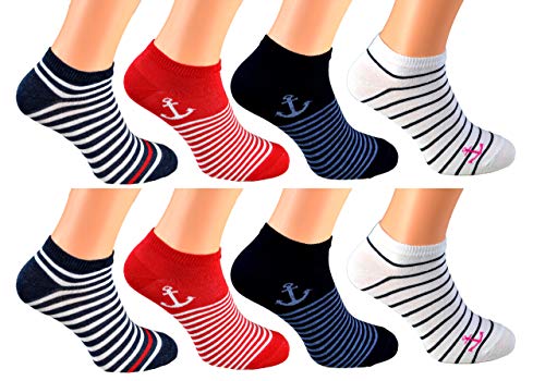 cocain 8 Paar Sneaker Socken Grösse 35-38, Maritim Marke Füsslinge Söckchen für Damen maritim Sommer söckchen Matrosen Streifen Anker Punkte von Cocain underwear