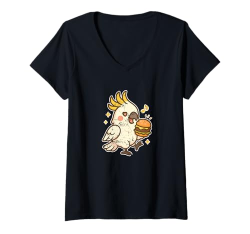 Damen Kakadu Burger Groove Cartoon T-Shirt mit V-Ausschnitt Damen Kakadu Burger Groove Cartoon T-Shirt mit V-Ausschnitt von cockatoo burger aussie bird foodie fun burger