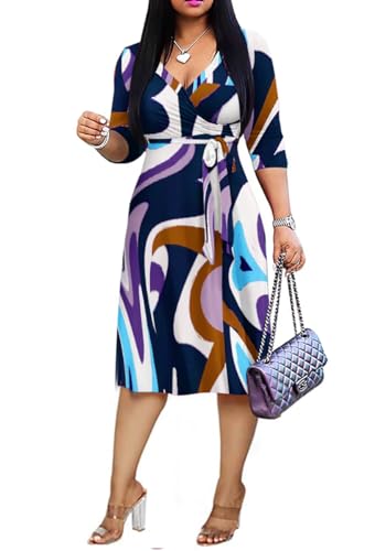 Kurzes Damenkleid, Übergröße, tiefer V-Ausschnitt, Wickelkleid, afrikanisches Kleid, fließend, 3/4-Ärmel, Cocktail-Partykleider mit Gürtel, violett / blau, Large Mehr von cocoganbaru