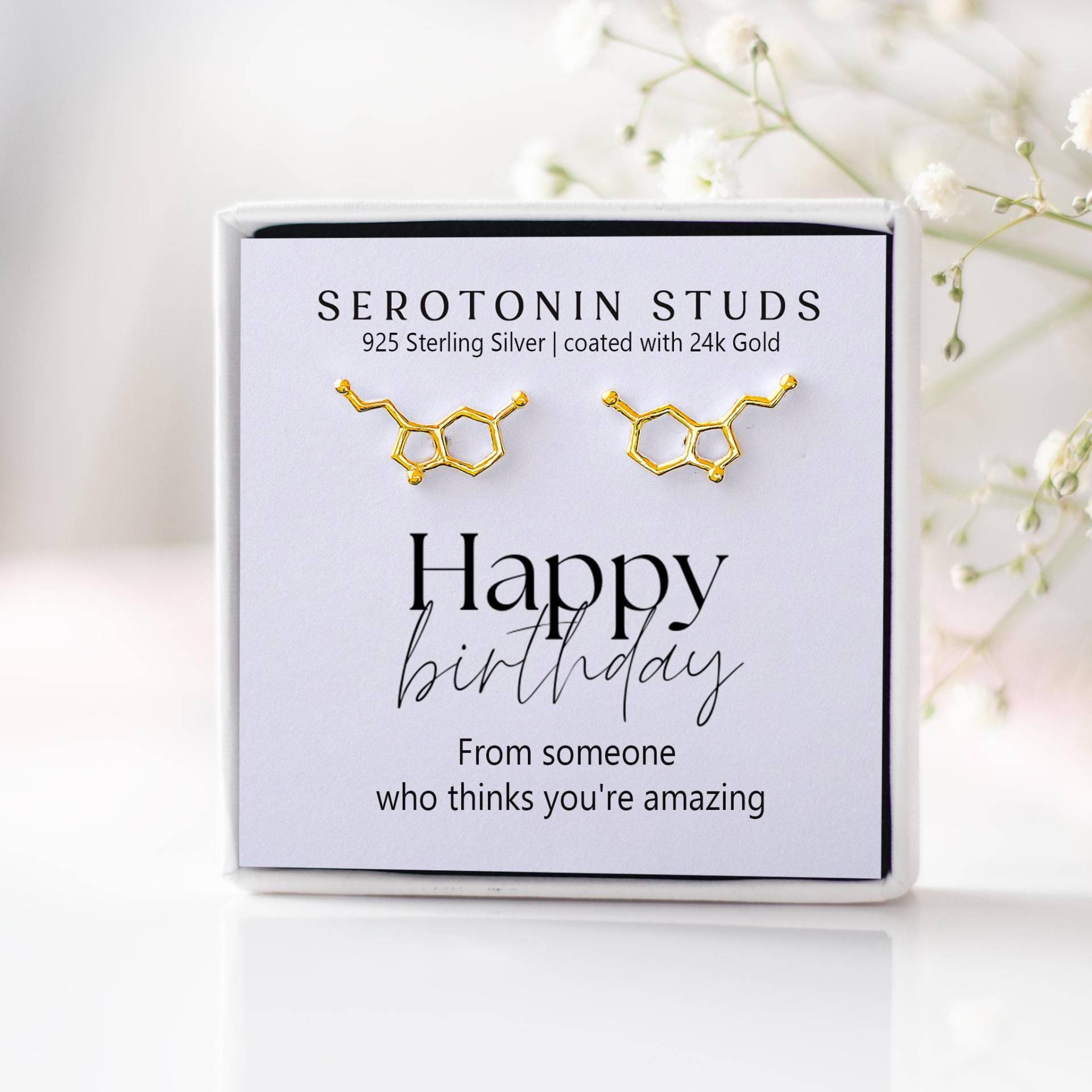 Gold Serotonin Ohrringe - Alles Gute Zum Geburtstag Geschenk Für Sie Glück Molekül Ohrstecker Wissenschaft Schmuck von cocollaArt