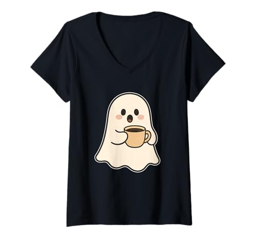Damen Coffee Ghost Gemütlicher Herbst T-Shirt mit V-Ausschnitt Damen Coffee Ghost Gemütlicher Herbst T-Shirt mit V-Ausschnitt von coffee ghost autumn cozy latte haunted ghost