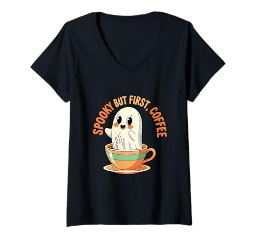 Damen Spooky but First Coffee Teetasse Ghost T-Shirt mit V-Ausschnitt Damen Spooky but First Coffee Teetasse Ghost T-Shirt mit V-Ausschnitt von coffee ghost spooky brew halloween caffeine spooky