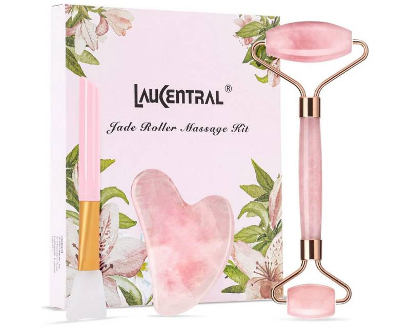 cofi1453 Massageroller Roller & Gua Sha Set aus Rosenquarz – gegen Schwellungen & Falten, Beauty-Set, 3-teiliges Massage-Set, Kühlender Naturstein, Unterstützt Lymphdrainage, Fördert Durchblutung von cofi1453